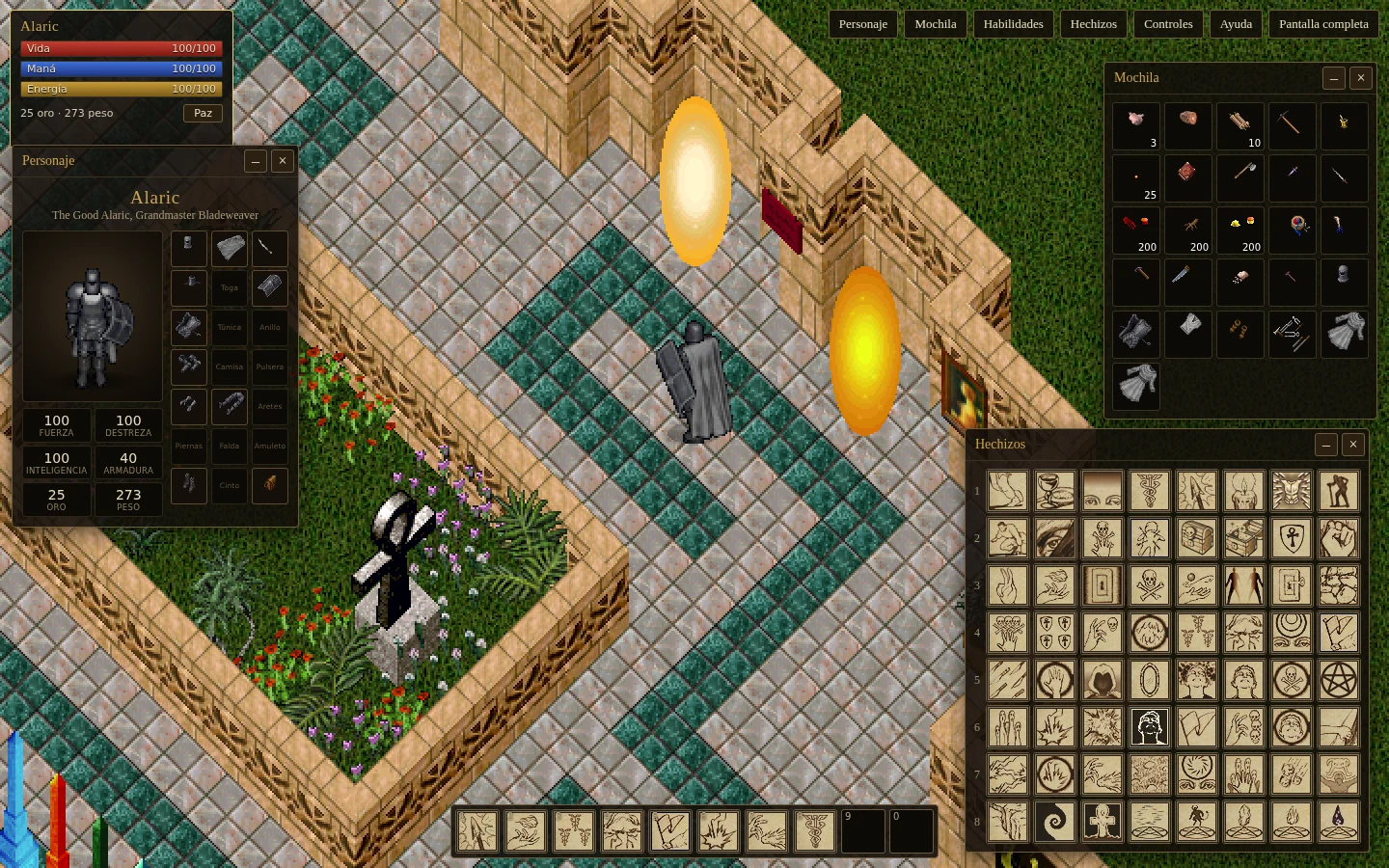 El juego con la hoja de personaje, la mochila, el libro de hechizos y la barra de acciones abiertos