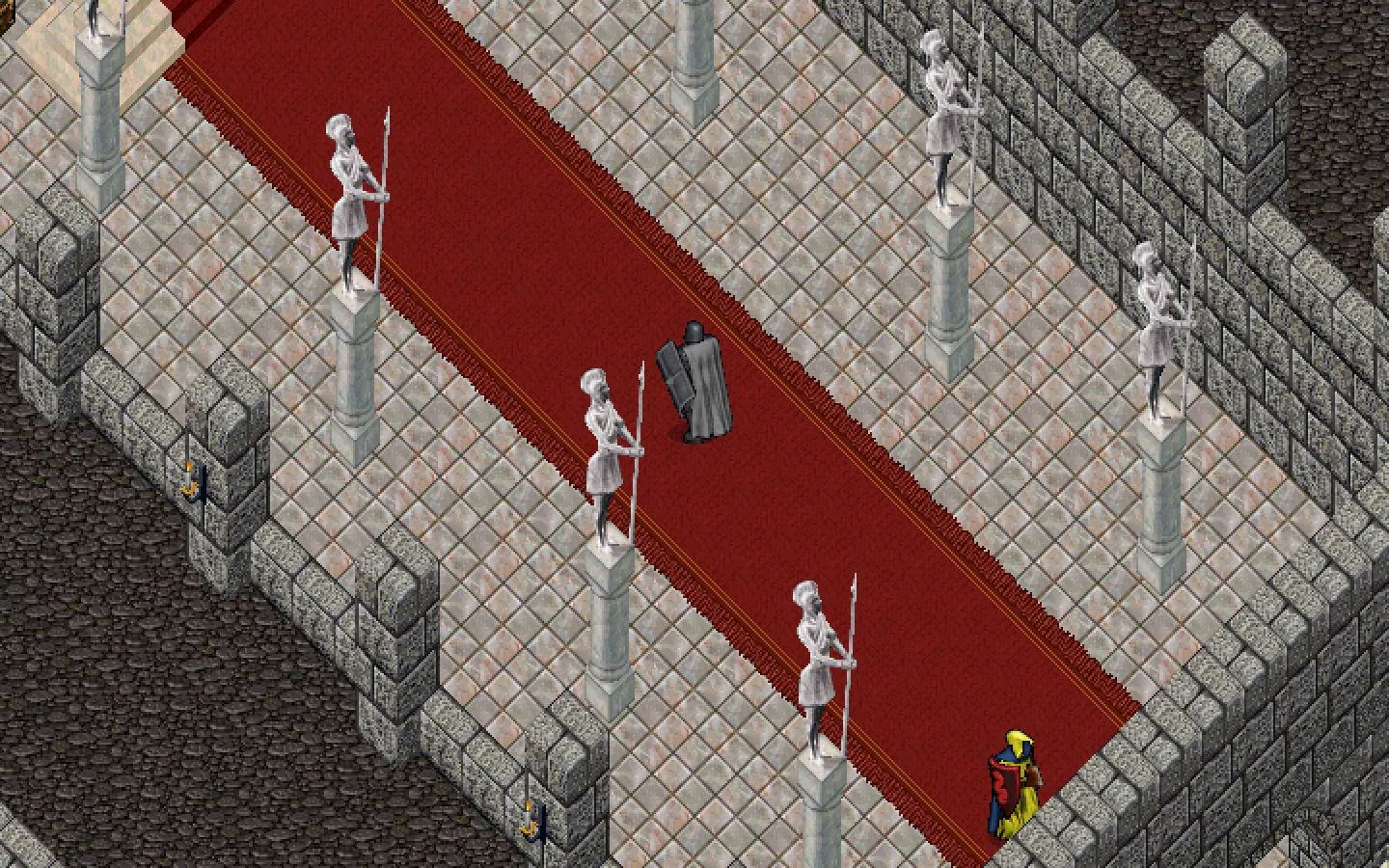 Una alfombra roja entre dos filas de estatuas de guardias